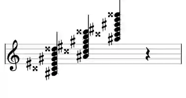 Sheet music of A# 7b9#11 in three octaves